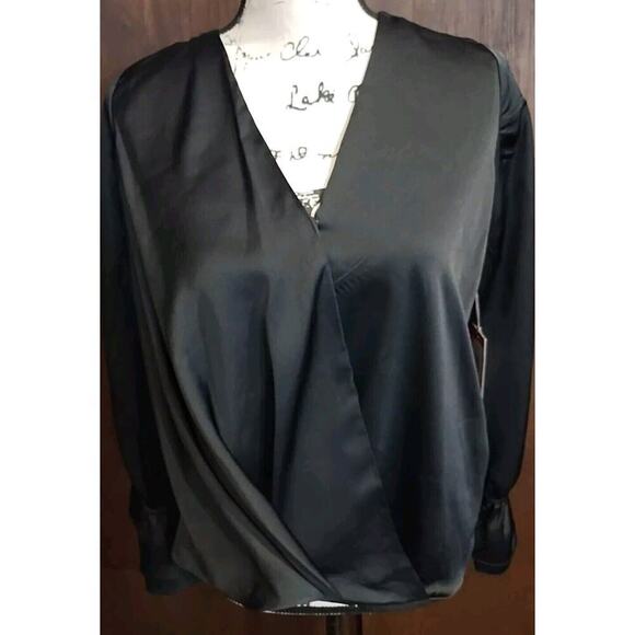 VINCE CAMUTO Womens Black Ruffled cuff Satin Formal Long Sleeve Faux Wrap Top XS - Picture 1 of 7